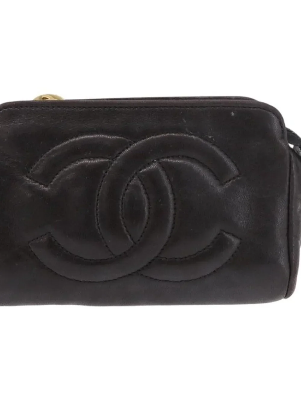 CHANEL COCO Mark Pouch Leather Black Gold CC Auth 189572